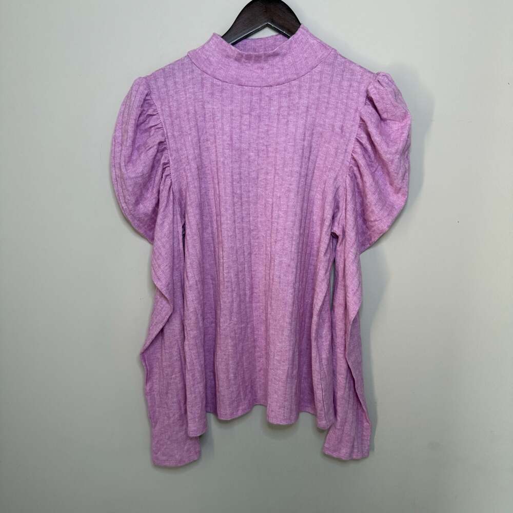 Zenana Mock Neck Ribbed Puff Sleeve Long Sleeve Top Large